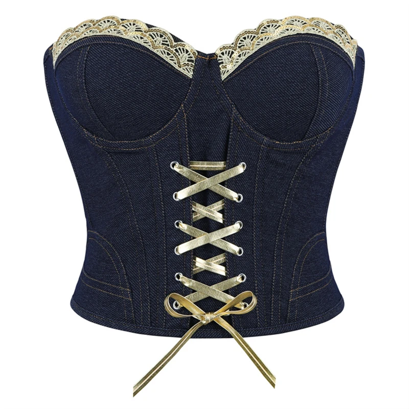 Novo Top Corset Sem Alças para Mulheres, Sexy, Bustiers em Azul e Preto, Com Aro de Aço, Sutiã Push Up, Modelador de Lingerie
