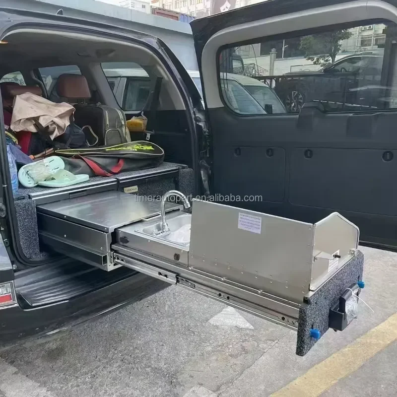 Off-road SUV Car Built-in Kitchen with Stove Water Sink Slide Top Rear Bed Camping GX460 Car Interior Accessories