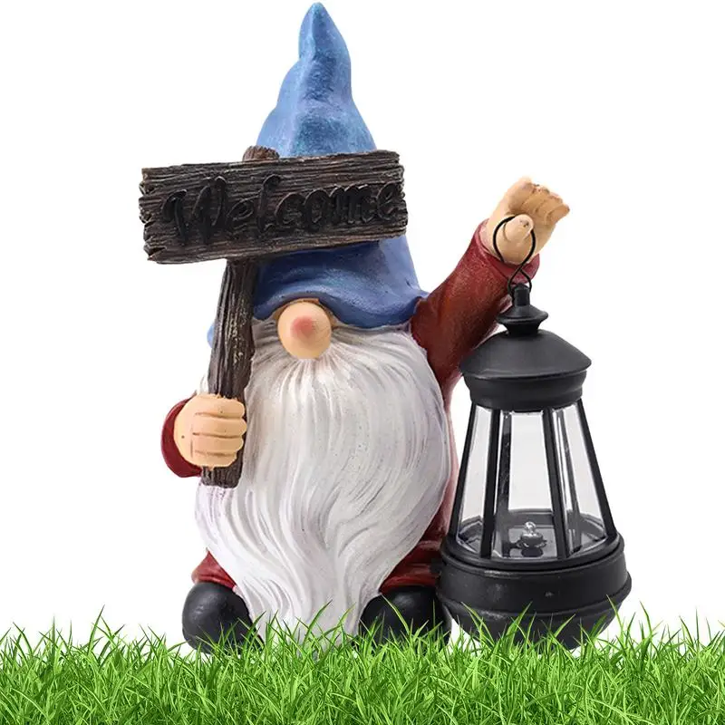 Solar Garden Statue Lights Resin Gnome Figurine Holding Lantern Solar Garden Statues Outdoor Gnomes Decorations For Yard Patio