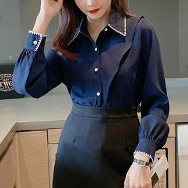 Women\'s Stylish Turn Down Collar Embroidered Design Shirt Office Lady Elegant Commute Blouse Solid Long Sleeve Loose Chic Tops