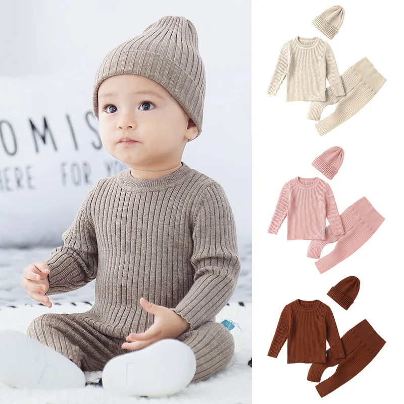 Newborn Boys 3PCS Clothes Set Autumn Winter Hat+Long Sleeve Striped Solid Sweater Elastic Waist Pants Suit Infant Boys Outfits