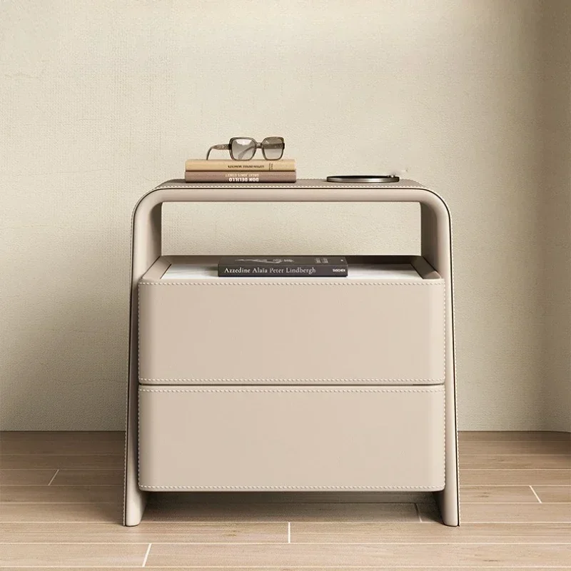 Multi-functional Cream wind rock slab saddle leather solid wood bedside table bedroom storage cabinet sturdy and durable
