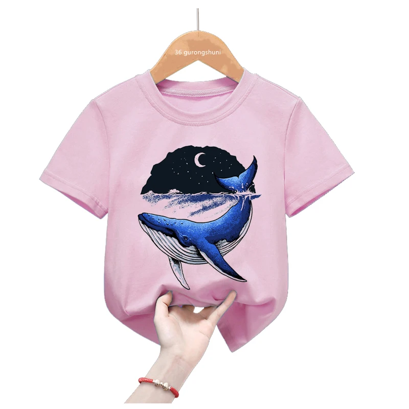 Dolphin Moon Printed T Shirt For Girls/Boys Funny Kids Clothes White/Pink/Blue/Gray Tshirt Summer Fashion Tops Tee Shirt