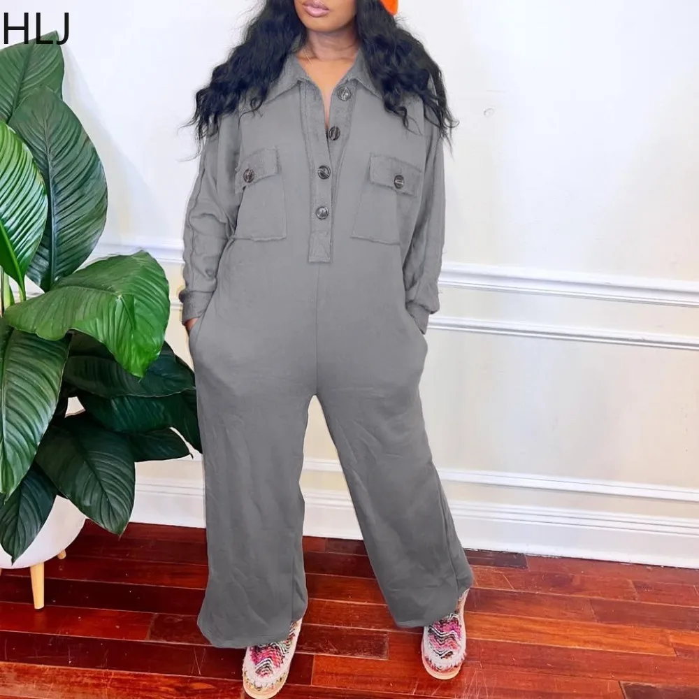 

HLJ Summer New Casual Cargo Pocket Patchwork Bodycon Jumpsuits Women Solid Color Single Breasted Female Streetwear Overalls New