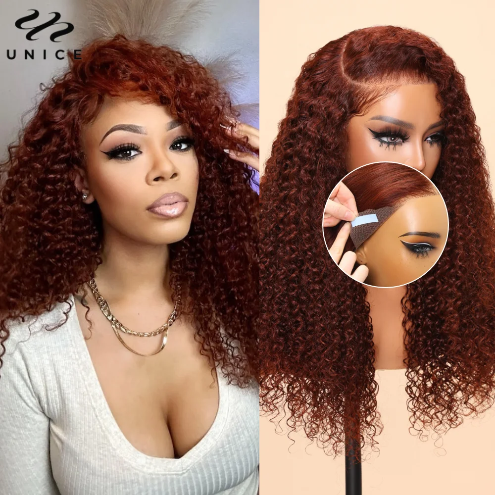 UNice Hair Pre Everything 13x4 Frontal Wig Reddish Brown Curly Human Hair Lace Front Wig Pre Cut Pre Bleached Pre Taped Lace Wig