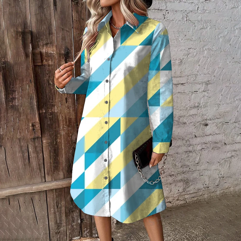 2024 Elegant And Pretty Women's Dresses Yellow Blue Geometric Block Printing Female Shirt Dress Evening Dresses LuxuryProm Dress