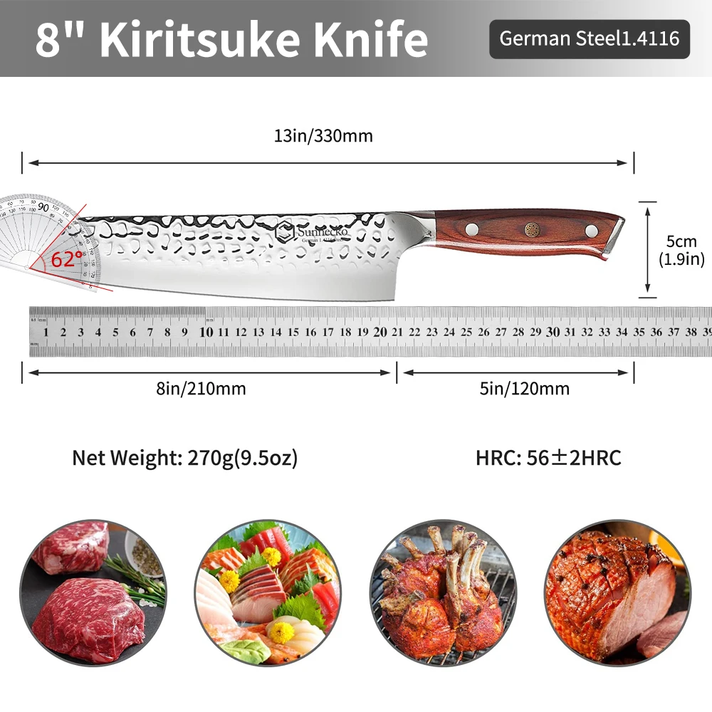 Sunnecko 8 Inch Kiritsuke Chef\'s Knife High Carbon Stainless Steel Blade Cutter Ultra Sharp Vegetable Meat Fruit Slicing Tools