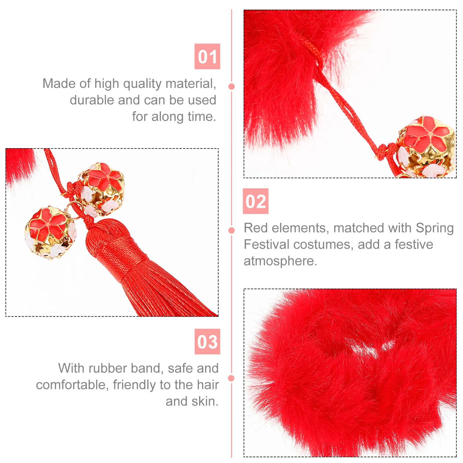 

2Pairs Chinese Style Red Hair Ropes New Year Party Hair Ornaments Festival Headwear for Children Cosplay Performance Decoration