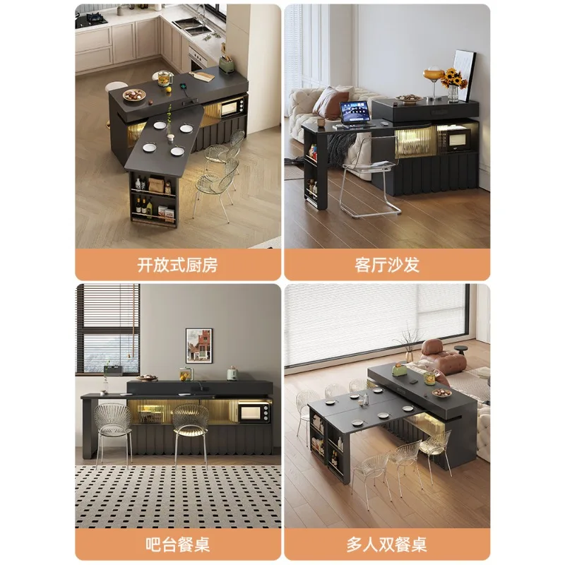 

Light luxury high-end blacktable with integrated retractable rotating small unit open kitchen and rock plate cooking table