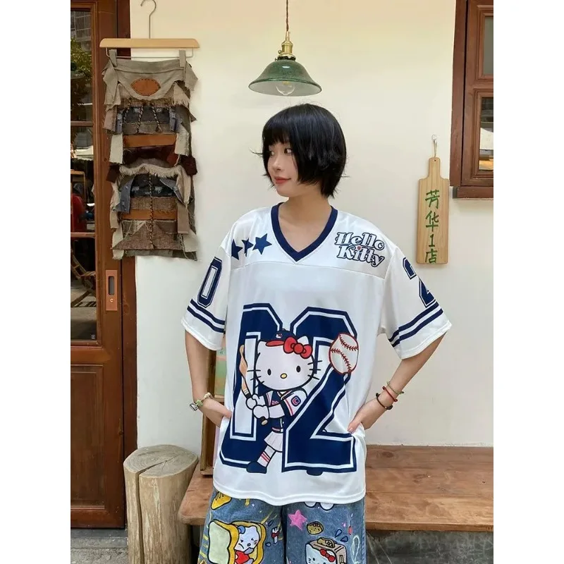 

MOTO-Aliexpress Popular! Hello Kitty Adult Tee, V - Neck Jersey Style, Star & Baseball Design