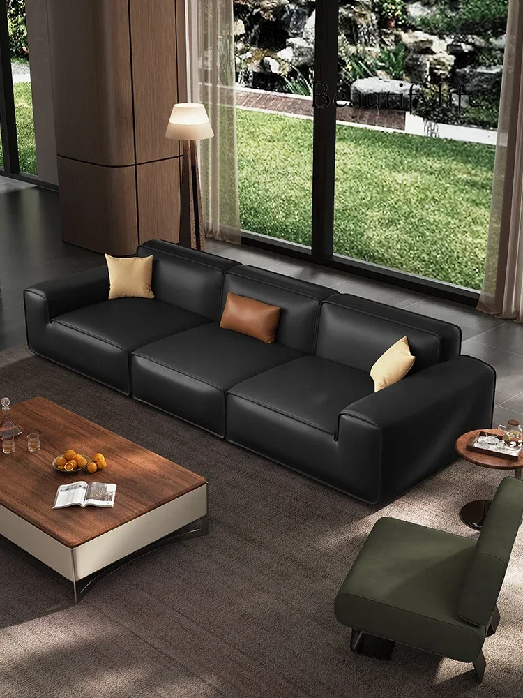 

Ss Italian Minimalist Black Cow Leather Sofa Living Room Straight Row First Layer Cowhide Black Tofu Block Three-person Down Sof