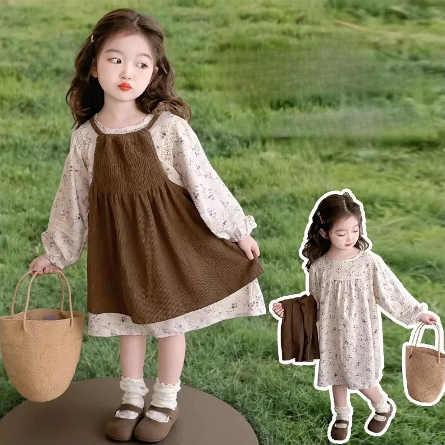 فساتين كاجوال للفتيات أوائل الخريف طقم فستان زهري للفتيات على الطراز الكوري + فستان صيفي عصري للأطفال الصغار بأكمام مكشكشة