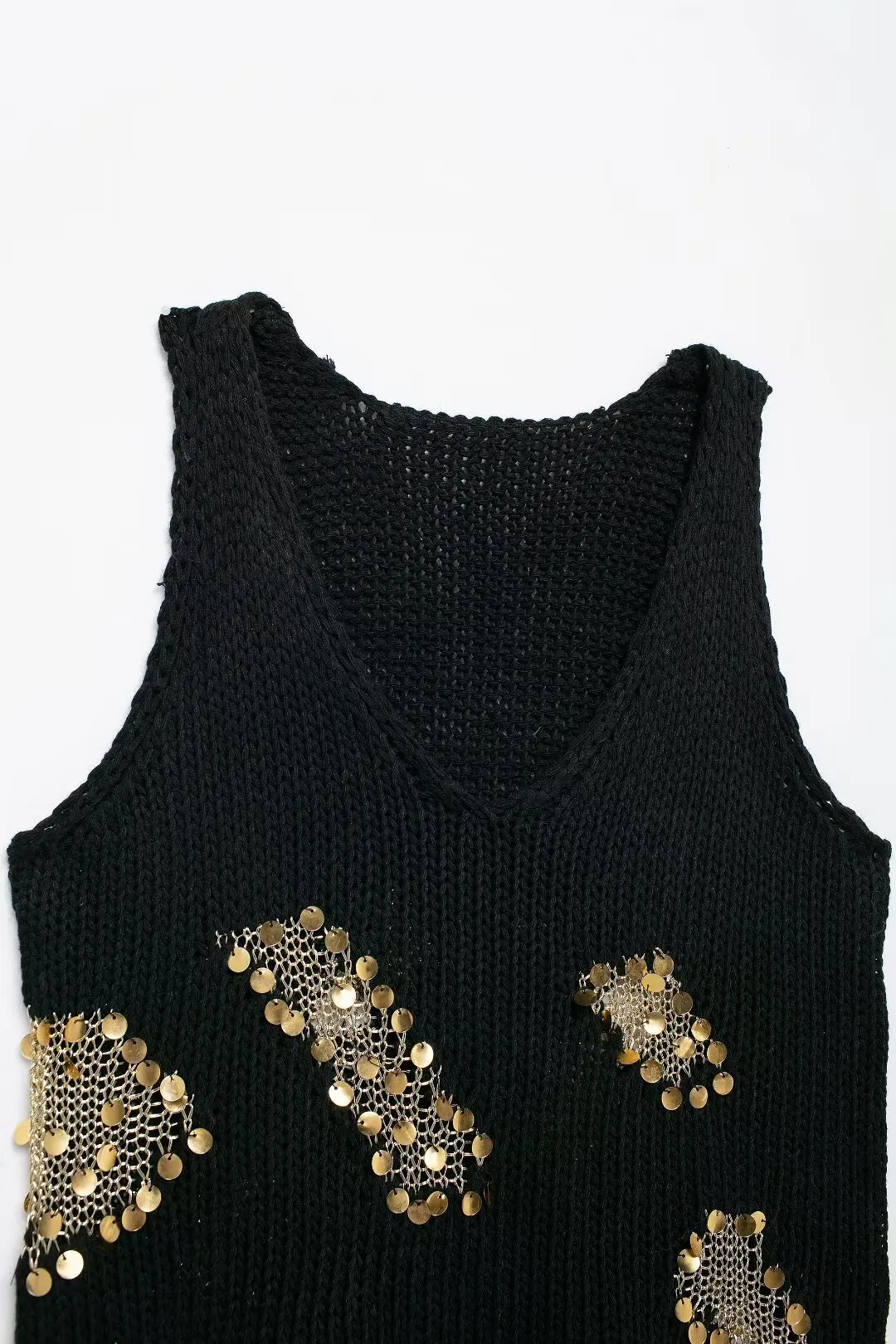 Women's 2024 new fashion sequin decoration casual short V Neck knitted top retro sleeveless women's vest chic top