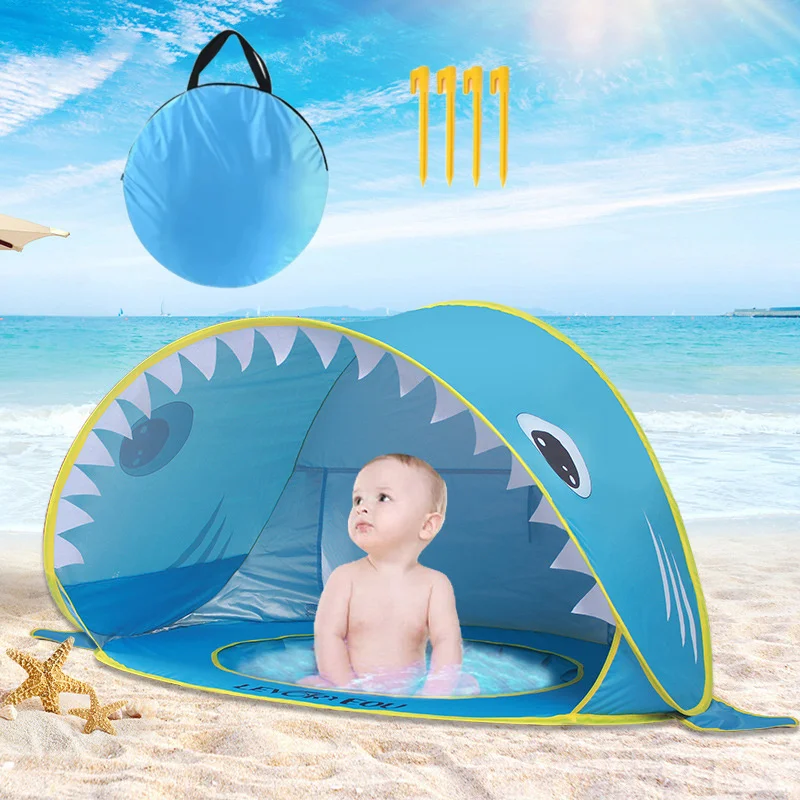 Uv-protecting Beach Tent Portable Shark Baby Sun Shelter Pop Up with Pool for Infant Outdoor Toy Summer Kid Swimming Play House