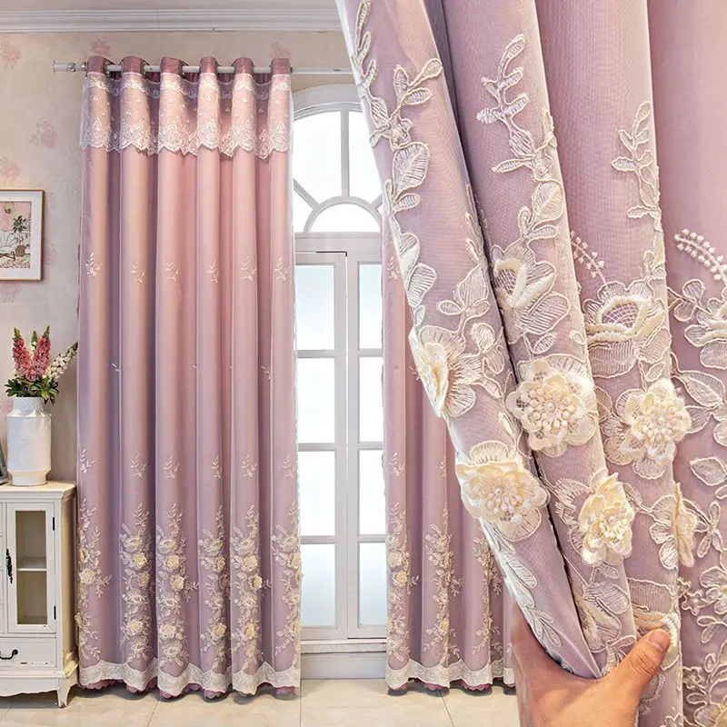 Double Layer Curtain Embroidered Tulle + Blackout Thermal Drape for Living Room Bedroom Luxury Floral Lace Window Treatment
