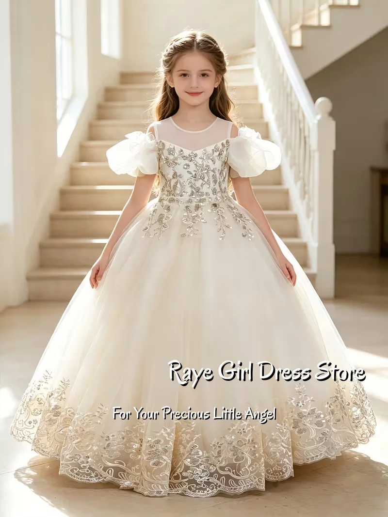 Flower Girl Dress For Wedding Birthday Pageant A Line Floor Length Puffy Tulle Gold Sequin Embroidery Sleeves Formal Gowns