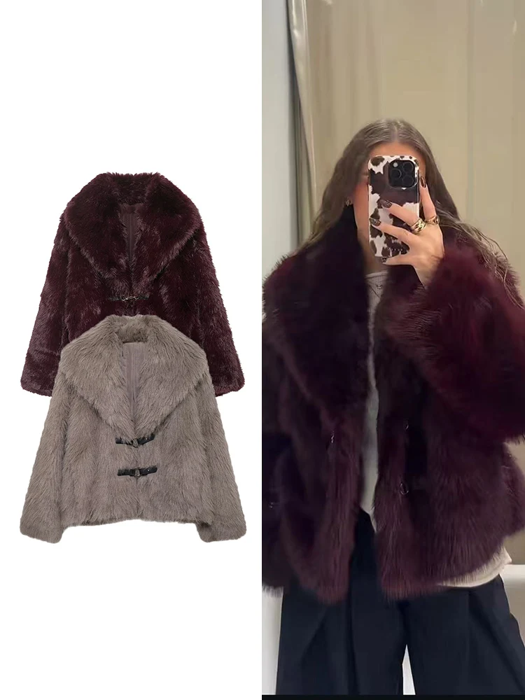 

TFMLN женские повседневные куртки с лацканами из искусственного меха, модные винтажные толстые пальто большого размера, элегантная женская теплая верхняя одежда с пушистым мехом