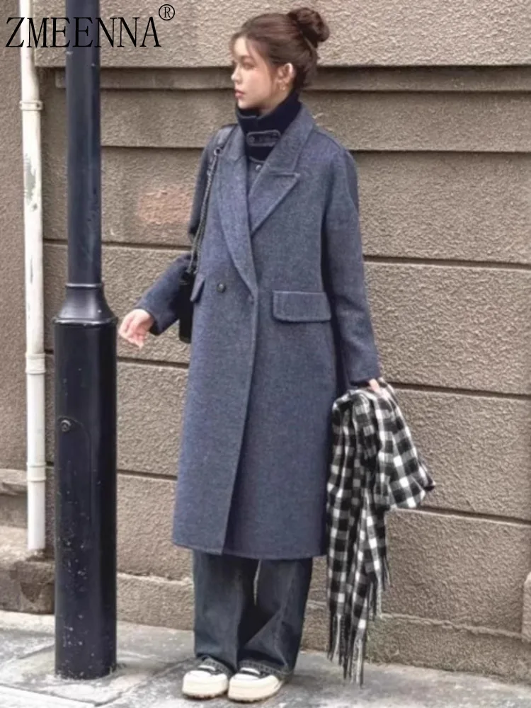 

ZMEENNA Women's Classic Grey Wool Blend Double Breasted Long Coat With Notched Lapel And Pockets Stylish Everyday ZM3498