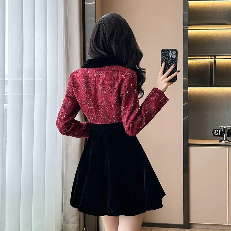 French Retro Fashion Long Sleeve Dresses Women Tweed Patch Plaid Vintage Elegant Velvet Vestidos V-neck Bow Sweet Kawaii Dress