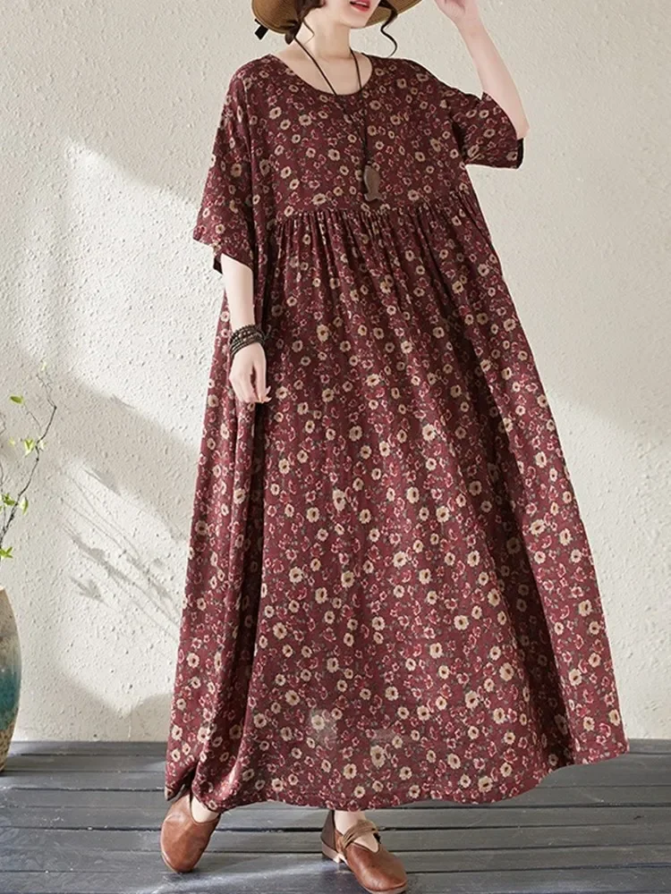 short sleeve oversized cotton vintage floral new in dresses for women casual loose long summer dress elegant clothing 2025