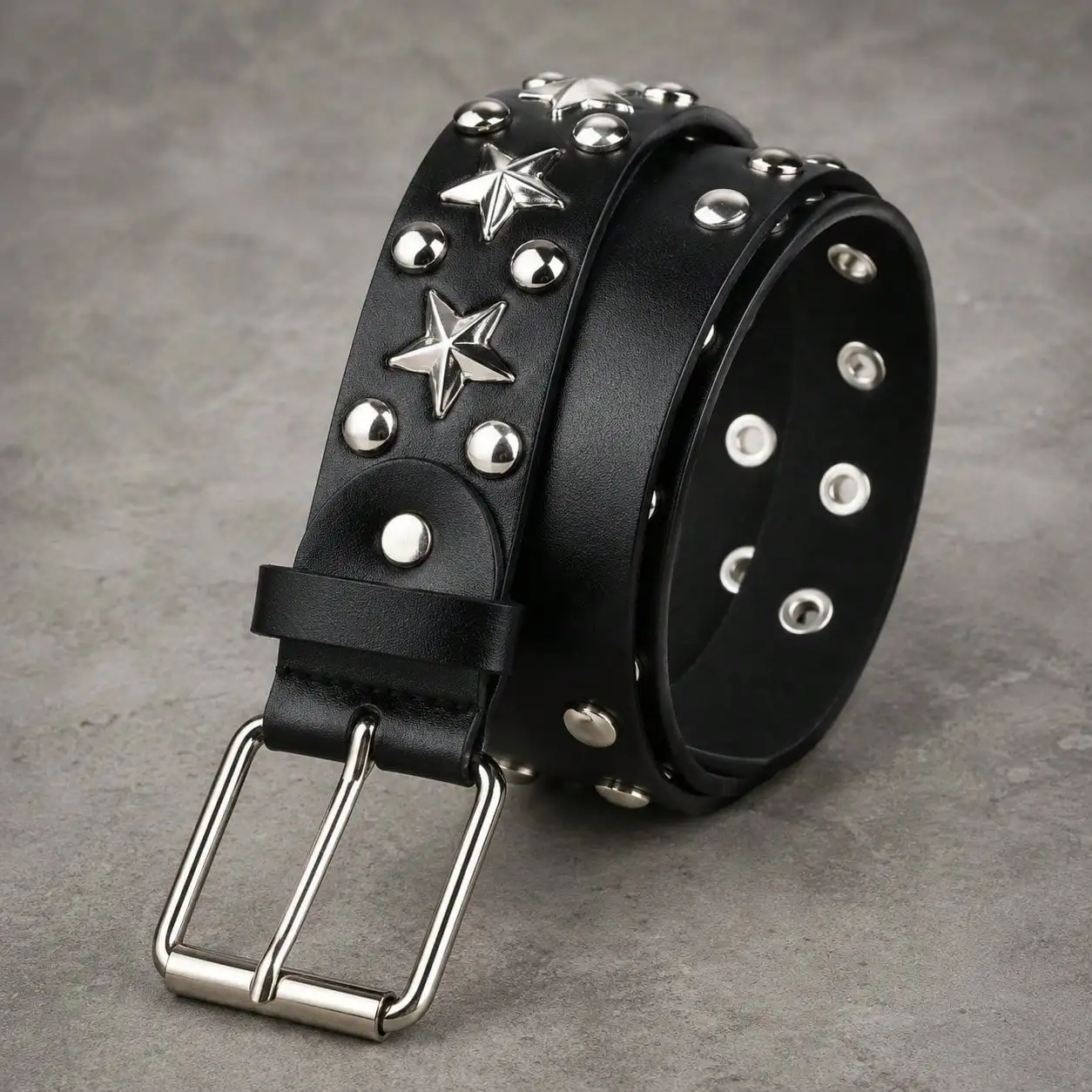 Y2K Punk Star Rivet Belt, Silver Five Point Star Buckle Gothic Hip Hop Waistband,Unisex Accessory for All-match Daily Streetwear