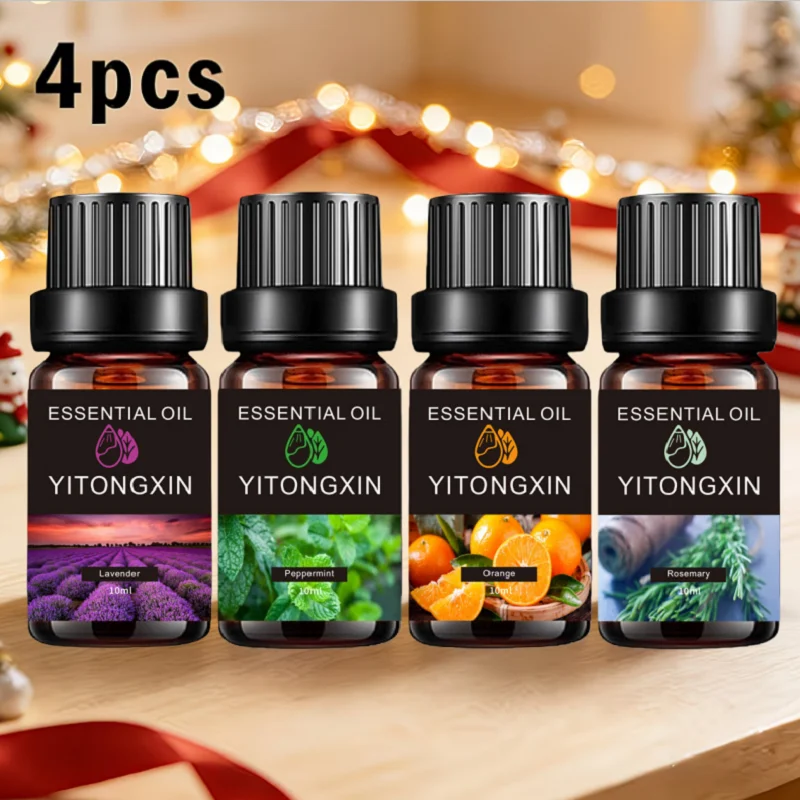 4Pcs Plant Essential Oil (Lavender+Peppermint+Orange+Rosemary) 10ml Per Bottle, Suitable For Body Massage Care