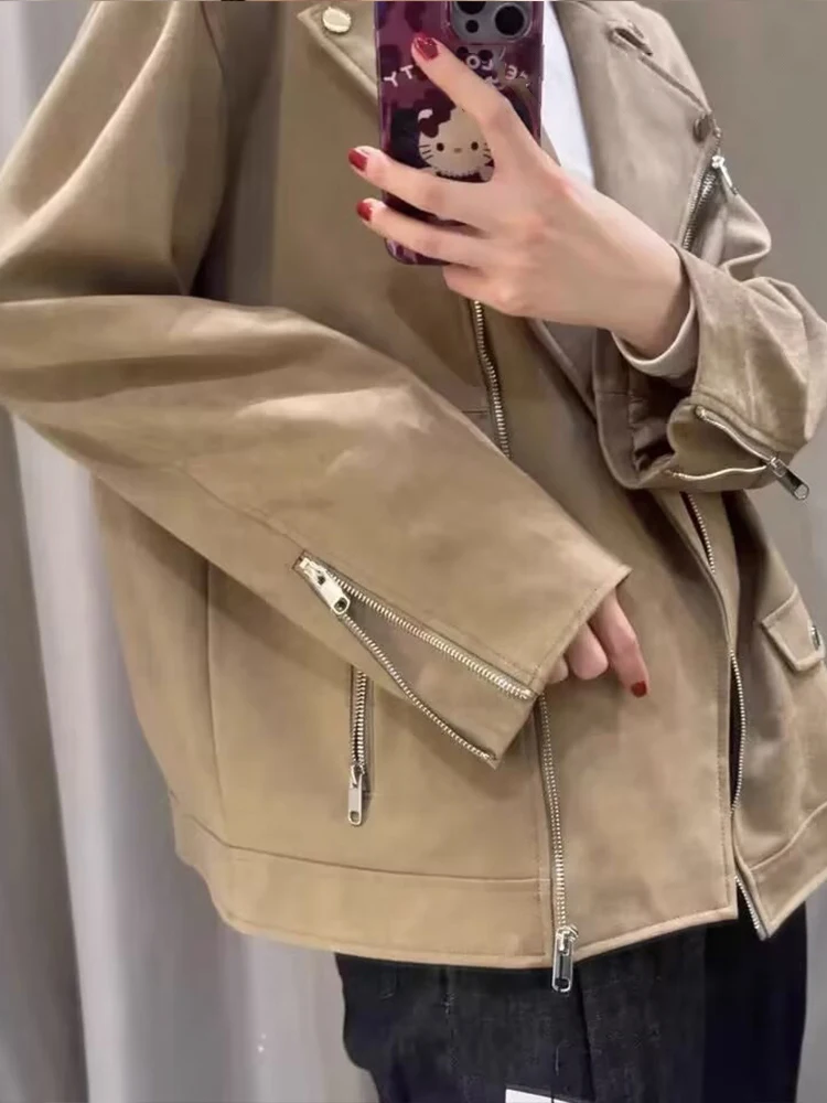 

HH женская осенняя модная замшевая текстурированная мотоциклетная куртка с лацканами женская уличная повседневная куртка на молнии с карманами Mujer