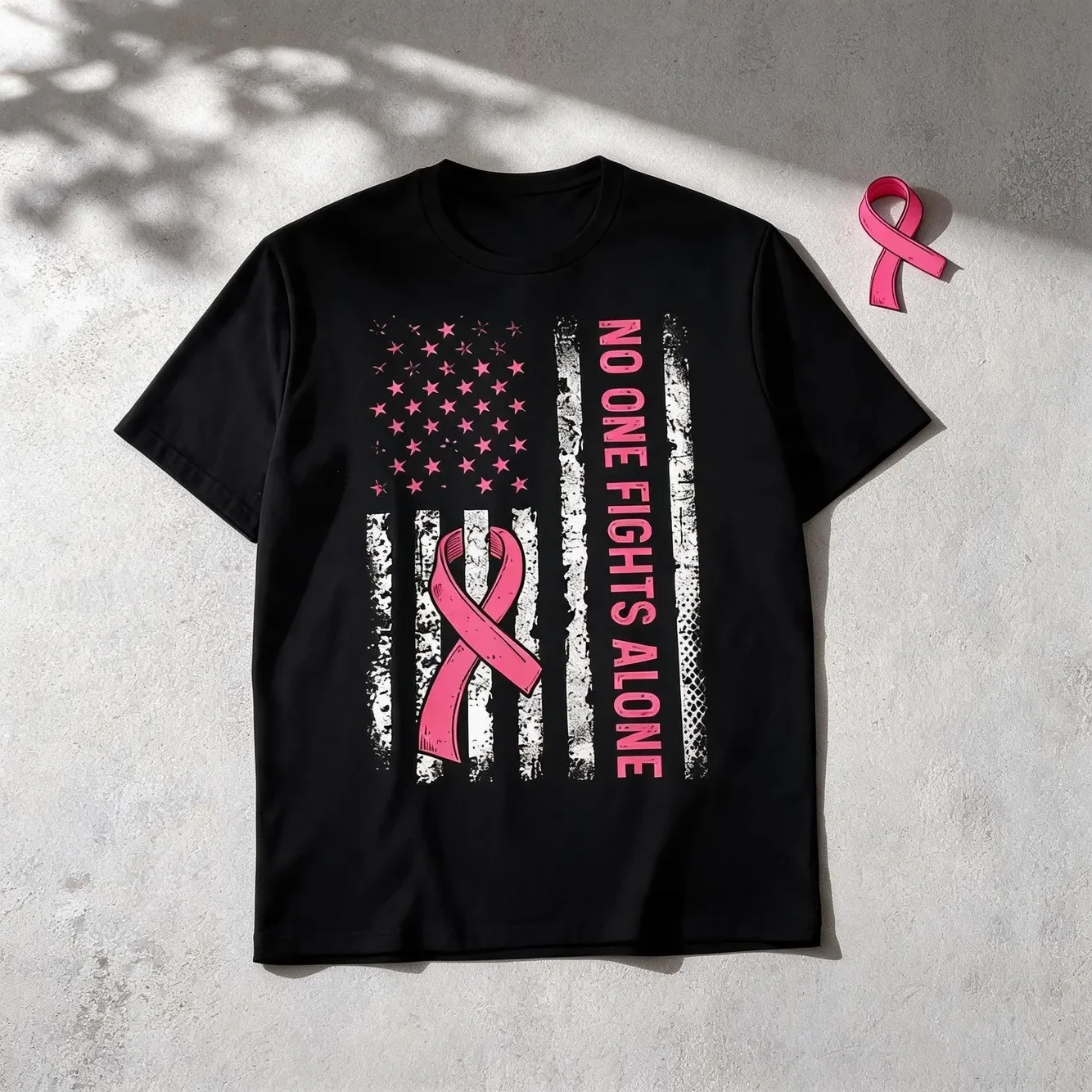 Mens Awareness T Shirt Pink Ribbon No One Alone Slogan Black With Pink Ribbon Design Short Sleeve Casual Athletic Shirt For Charity Events Supportive Cause Apparel Unisex Fit For Men