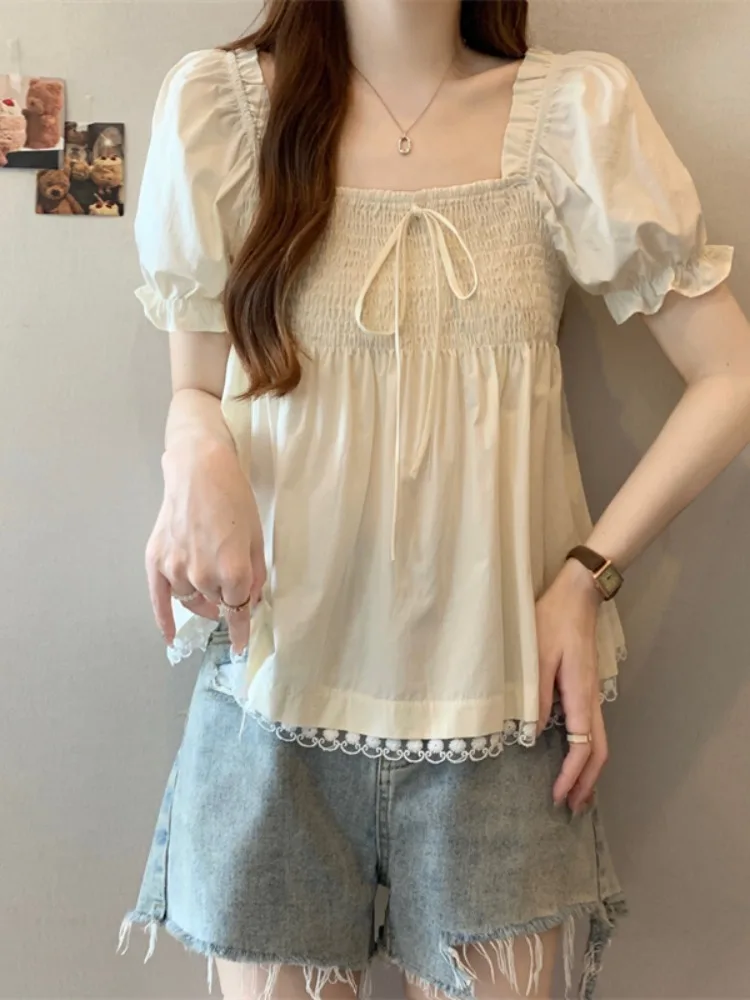 

Французский летний топ с коротким рукавом-фонариком для женщин больших размеров, утягивающий, модный, красивый, для тонкой фигуры