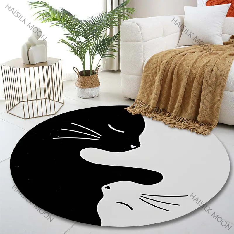 1PC Black and white cat Yin-Yang Print Round Carpet for Living Room Bedroom Sofa Table Floor Mat Area Rug Luxury Gift