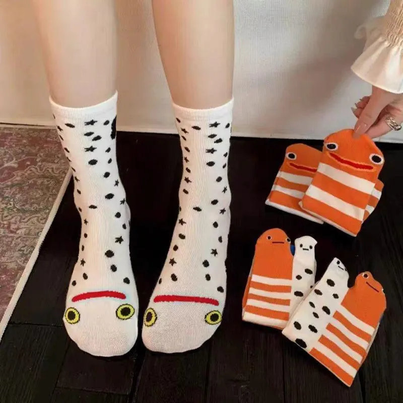 3/1 Pairs White Garden Eel Fun Autumn New Style Boneless Cotton Soft and Versatile Design Women's Mid-Calf Socks