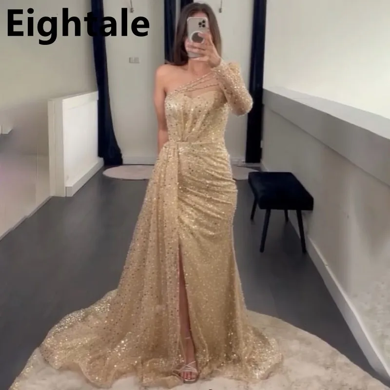 

Customized Champagne Mermaid Sequin Evening Dress For Wedding Party Formal One Sleeve Sexy Slit Prom Dress Dubai Party Gown