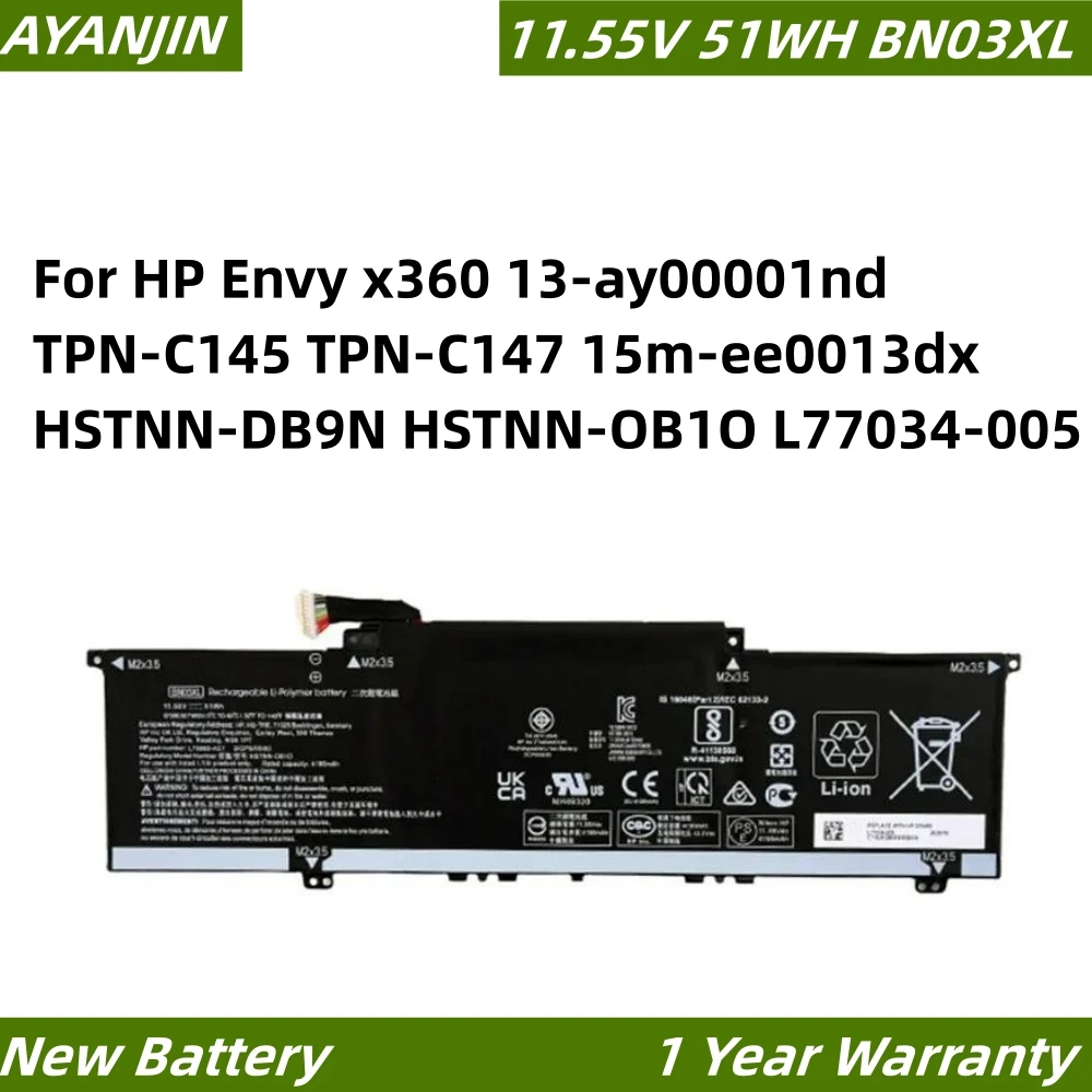 

11.55V 51WH/4416mAh BN03XL Battery for HP Envy x360 13-ay00001nd TPN-C145 TPN-C147 15m-ee0013dx HSTNN-DB9N HSTNN-OB1O L77034-005