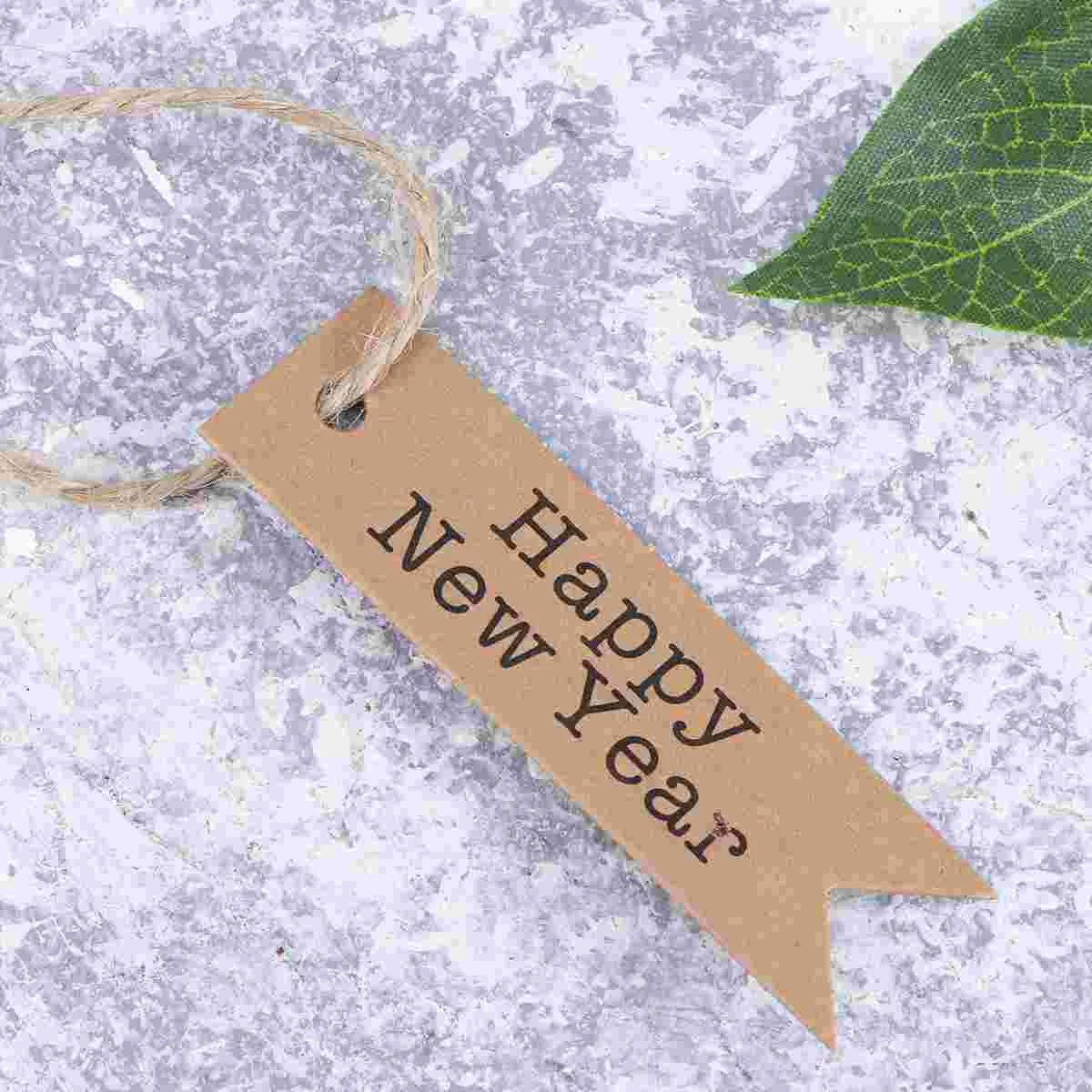 100pcs Swallowtail Design Tag HAPPY NEW YEAR Letter Printing Gift Tag Decor Kraft Paper Tag DIY Labels with Rope(Kraft Paper