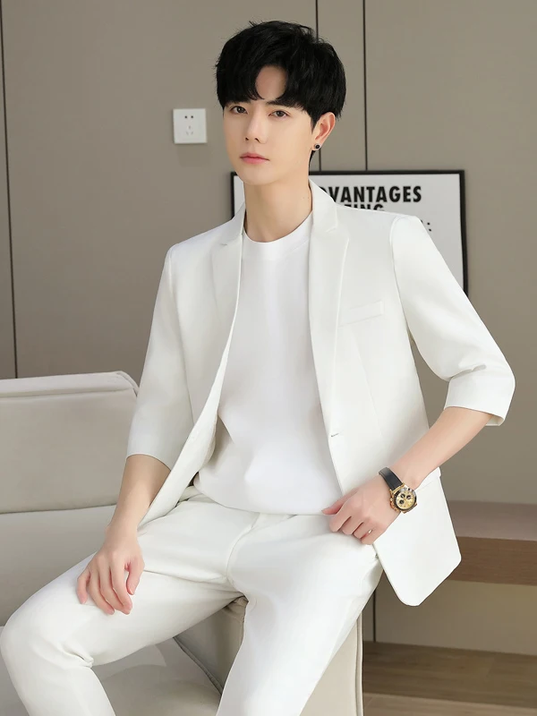 

Новый мужской деловой повседневный костюм-двойка 2026 года: черно-белый, однотонный, из полиэфирного волокна, приталенный крой, модный городской стиль