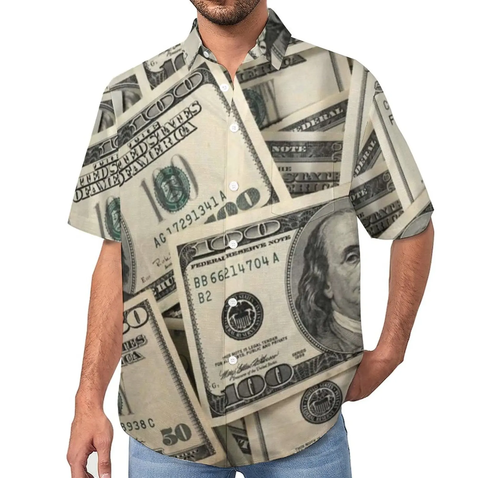 

Dollar Casual Shirts Money Currency Beach Shirt Hawaiian Fashion Blouses Male Print Plus Size 3XL 4XL