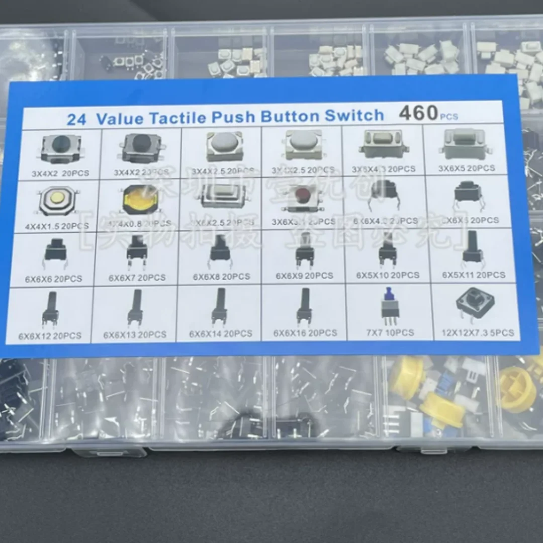 460 Pieces Mixed Boxed Tact Push Button Switches, 24 Specifications, 2-Pin & 4-Pin, for Car Remote Control and Small Household A