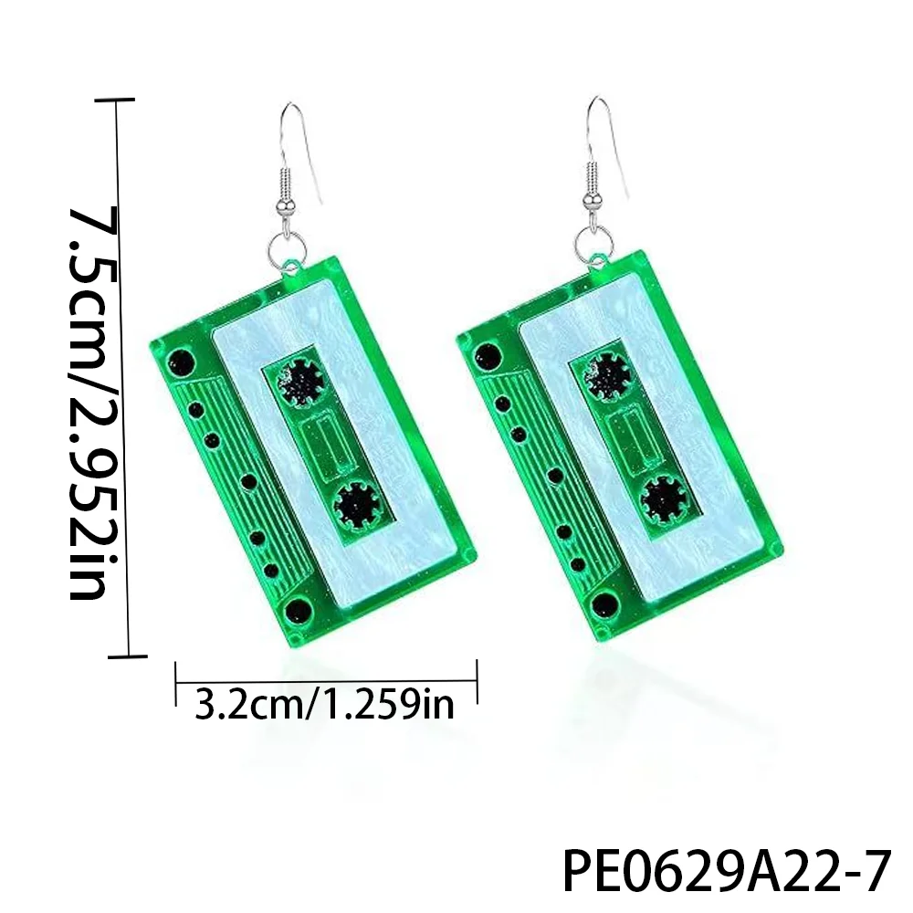 PESENAR 80s-Inspired Green Cassette Tape Earrings - Bold Vintage Fashion for Music Lovers