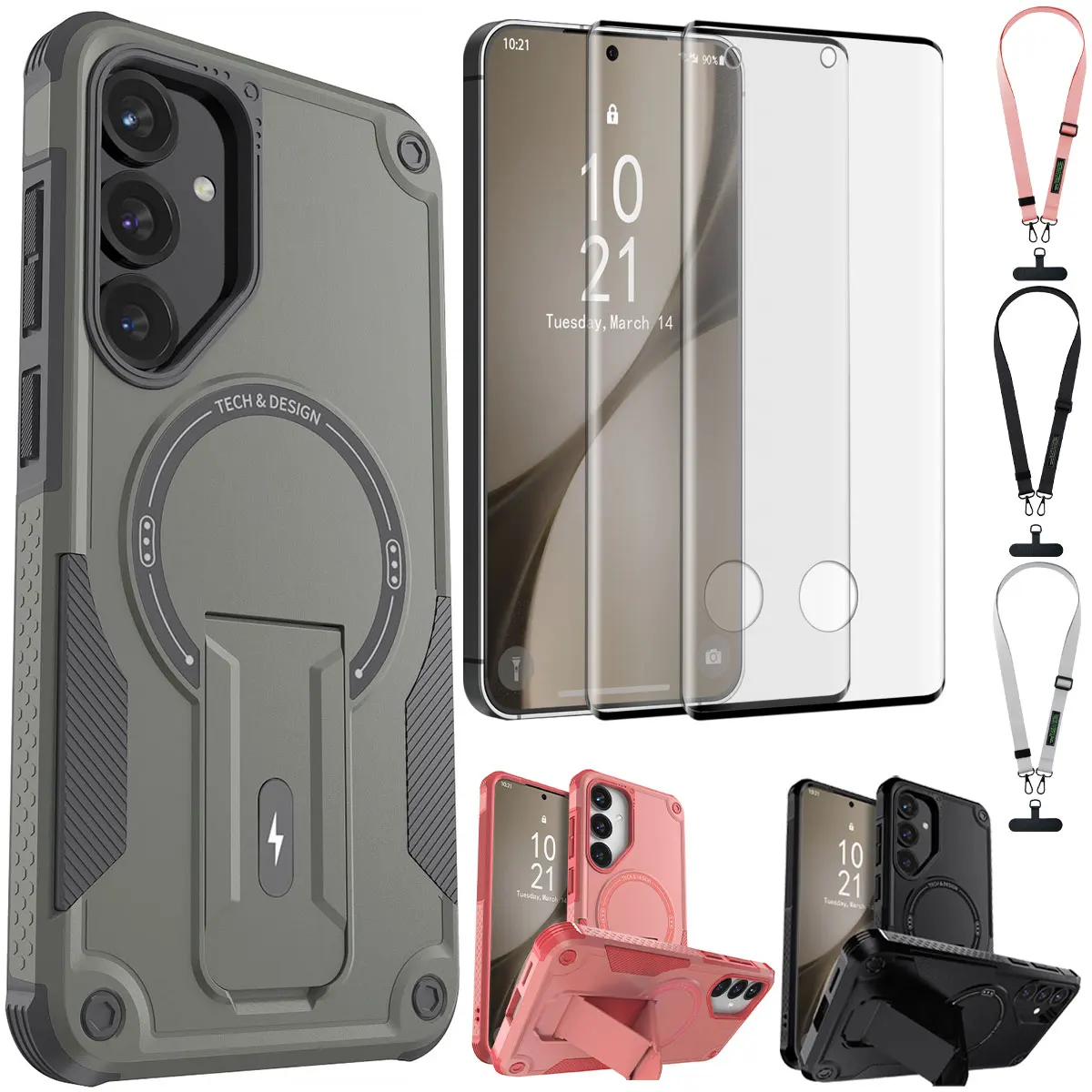 

For Samsung Galaxy S24/Plus/Ultra 5G Rugged Case Kickstand Cover Lanyard And 2pcs Full Coverage Tempered Glass Screen Protectors