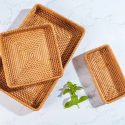 Handwoven Rattan Storage Basket Square Wicker Tray Picnic Basket Bread Food Plate Fruit Cake, Sundries Box, Home Desk Decoration