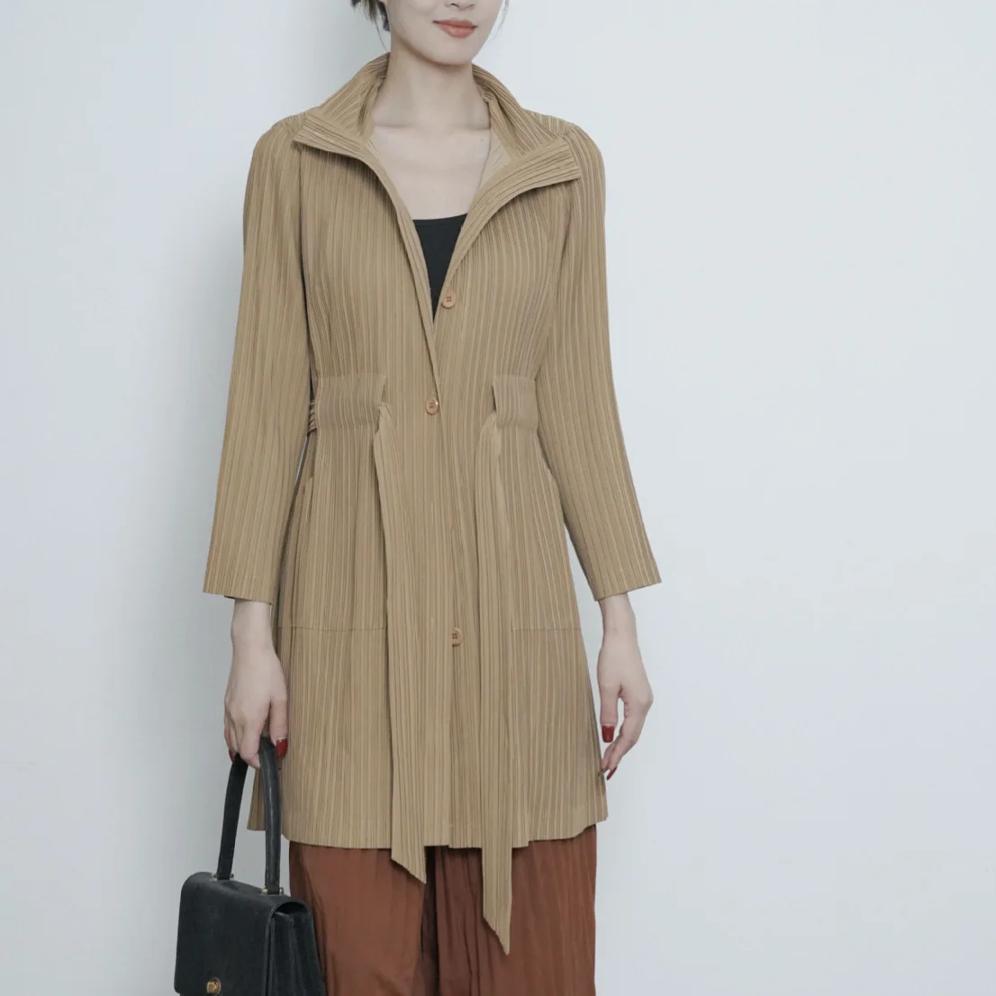 Miyake Pleated Trench Coat Women Stand Collar Belted Waist Button Mid‑Long Jacket Lightweight Wrinkle‑Resistant Casual Outerwear