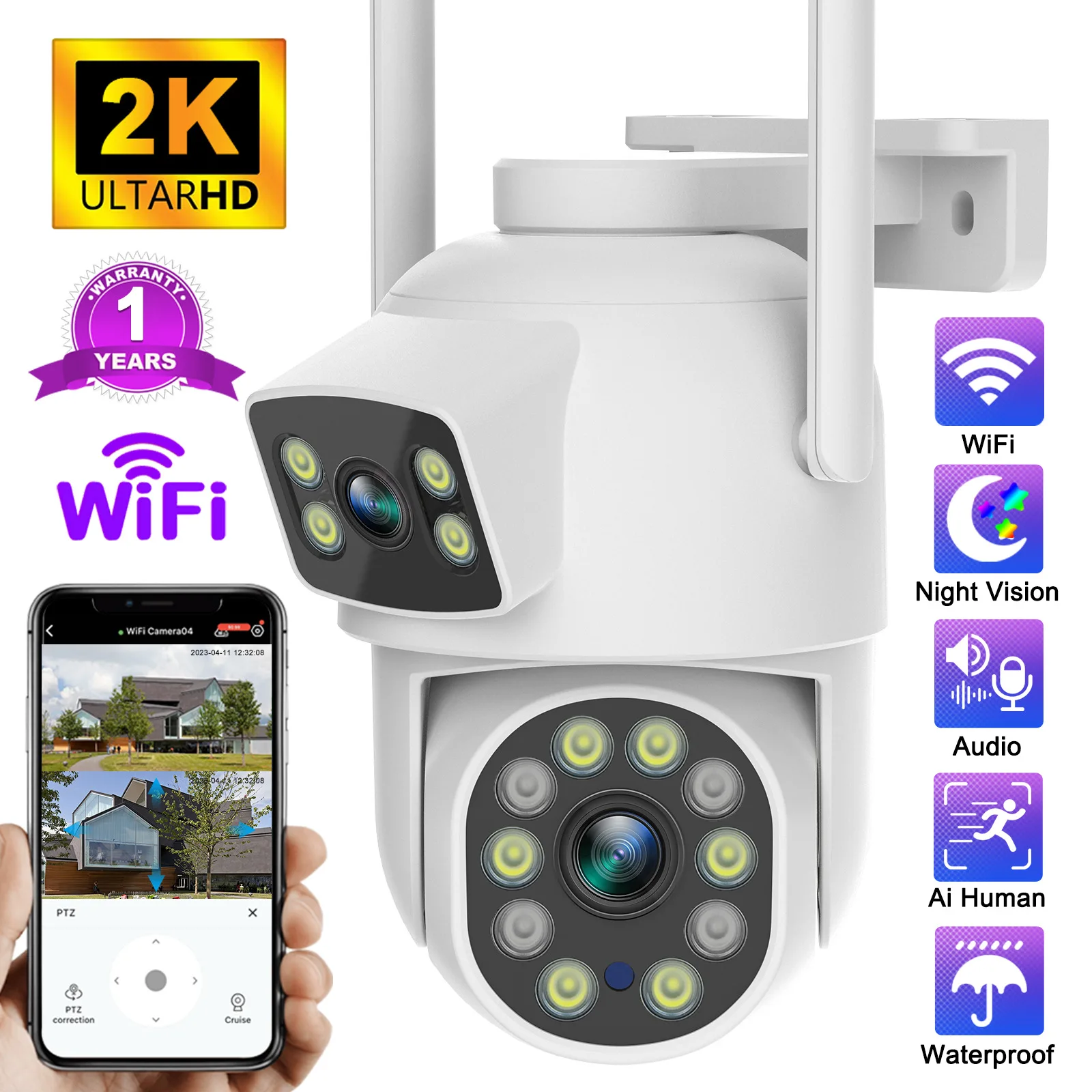 4MP Wifi PTZ Camera Outdoor HD 4X Zoom Dual Screens Human Detection Dual Lenses Smart Home CCTV Security Protection IP Cameras