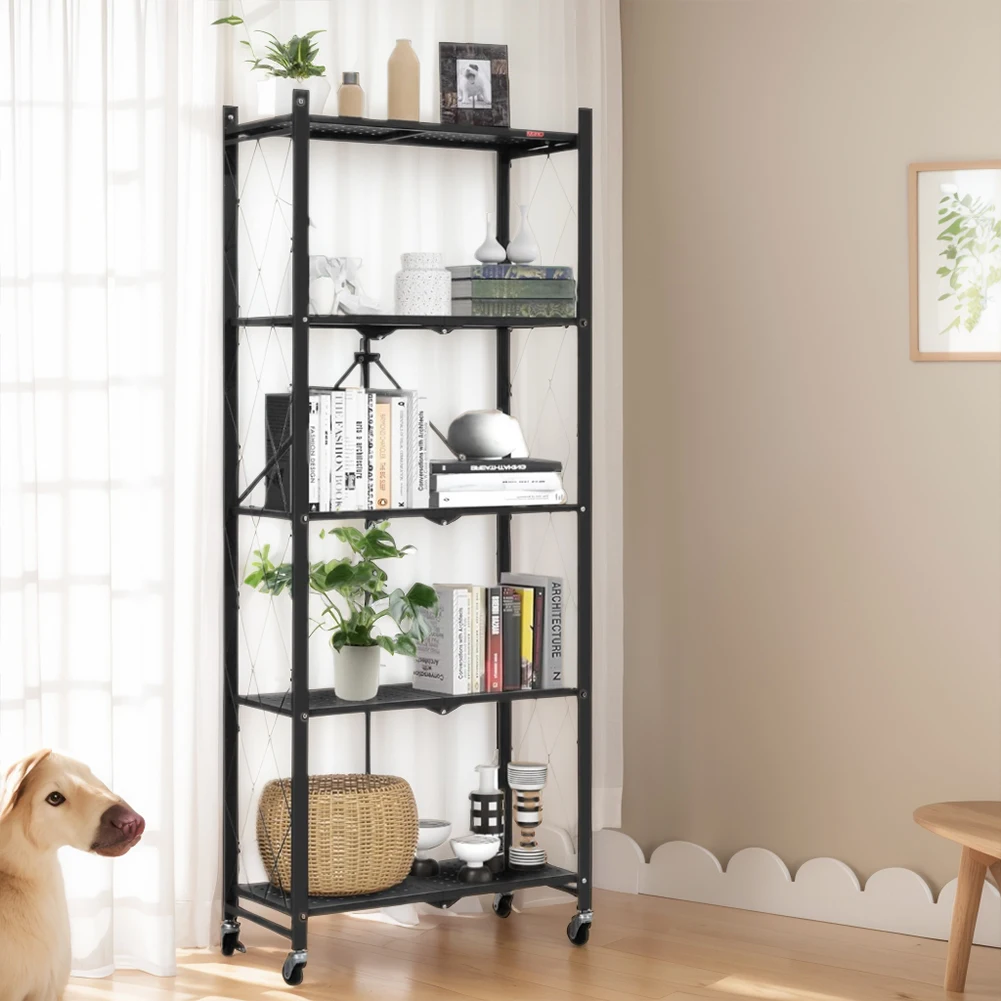 

5 Tier Folding Shelves Bookcase with Wheels Freestanding Metal Wire Shelving Unit for Living Room Office Kitchen Basement Pantry