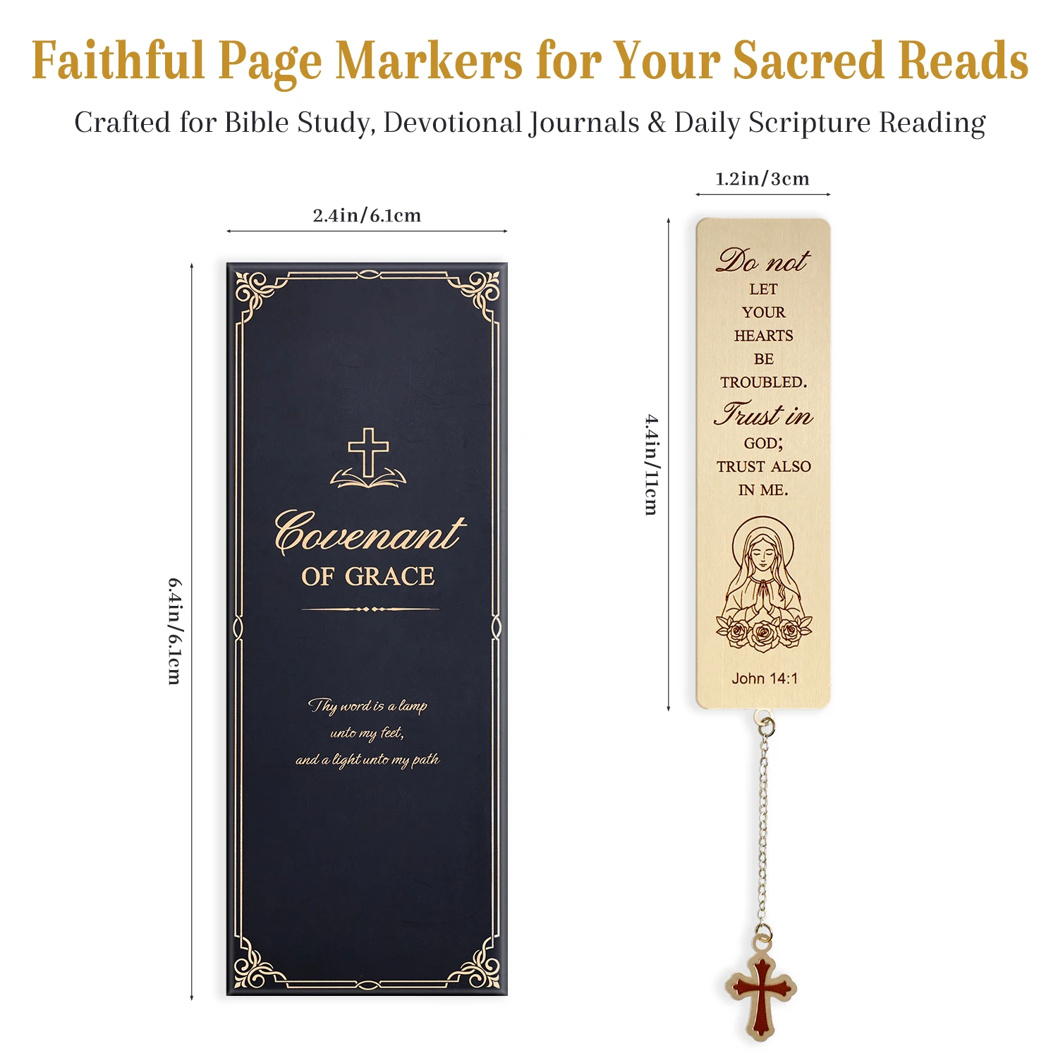 Virgin Mary Brass Bookmark, Religious Book Mark with Cross Chain, Inspirational Faith Gift for Women view 2