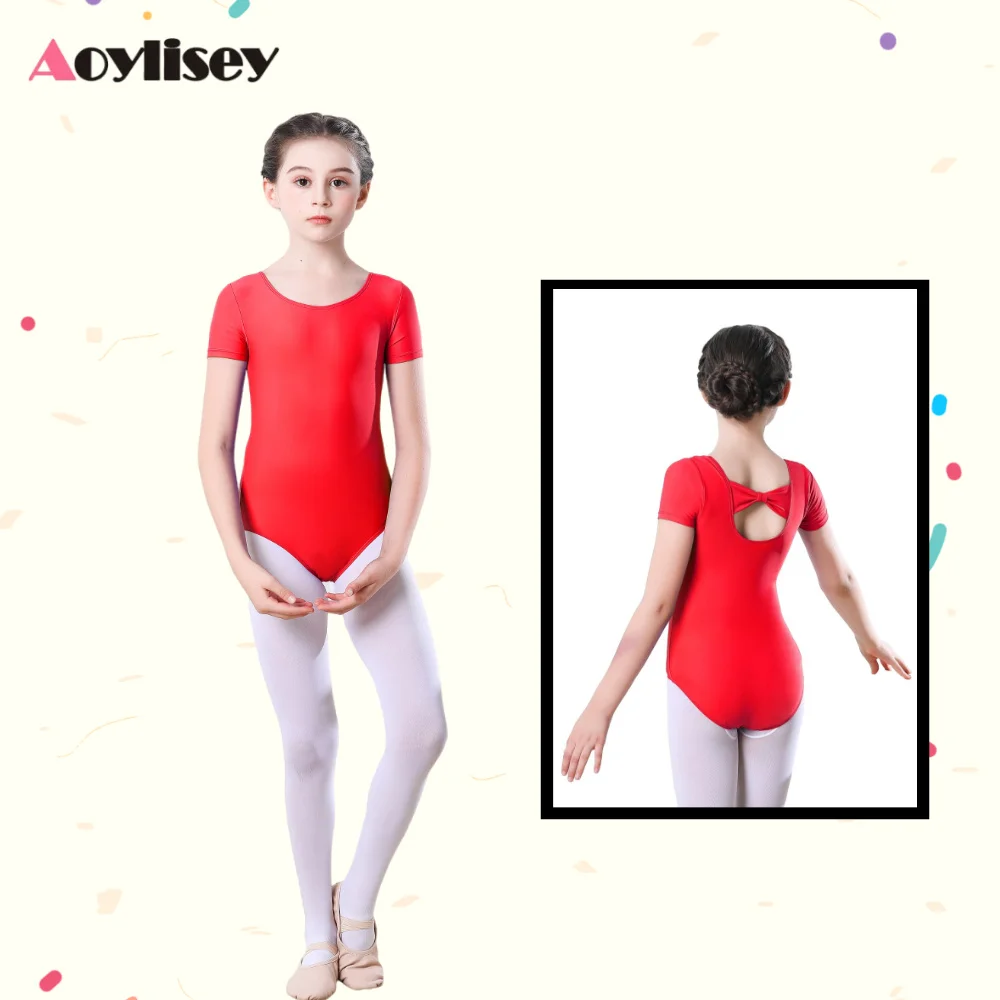 리본이 달린 어린이 발레 댄스 레오타드 유아용 반팔 체조 훈련 바디수트 새로운 스타일 댄스 의상