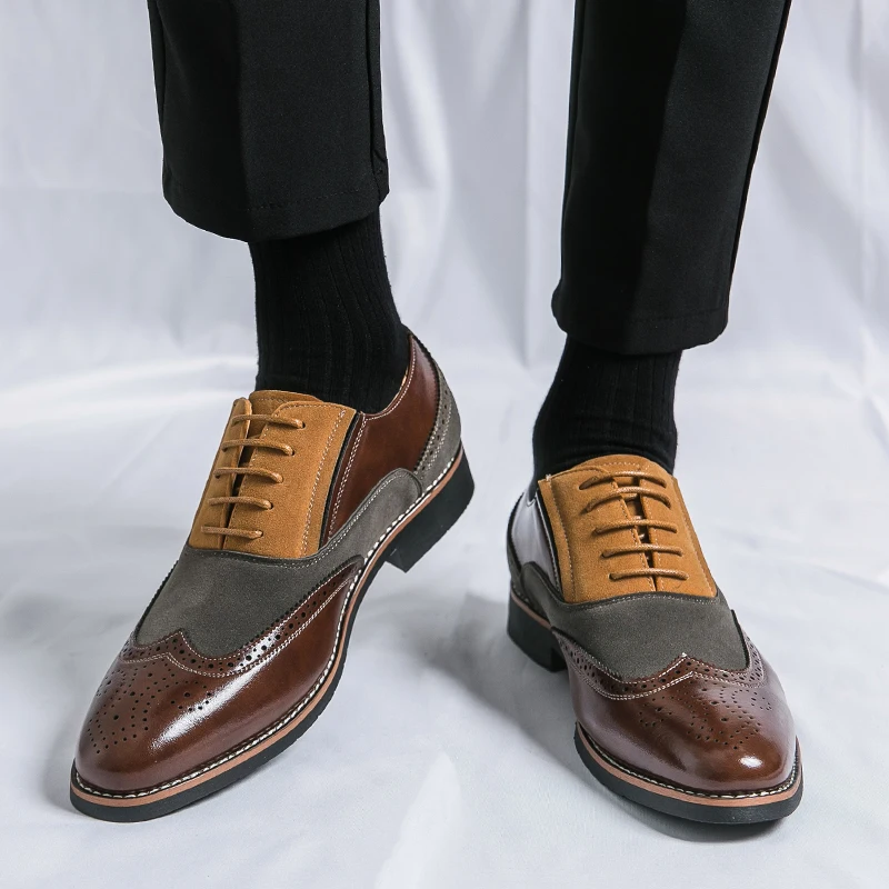 Retro Męskie Buty Brogue Sznurowane Spiczaste Buty Bankietowe Eleganckie Brązowe Męskie Buty Biznesowe Wszechstronne Duży Rozmiar: 38-48