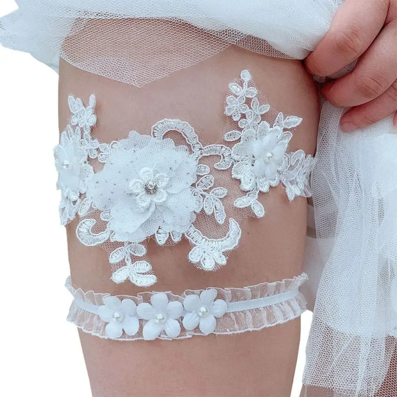 E15E 2Pcs/Set Womens Bridal Stretch Wedding Thigh Rings Embroidery Flower Faux Pearl