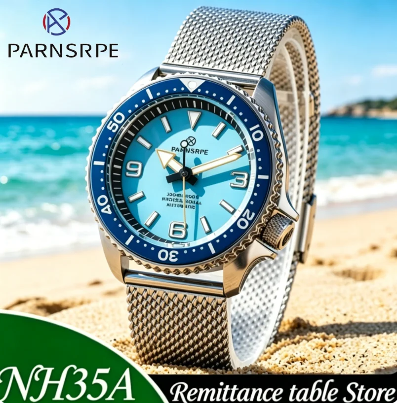 

PARNSRPE Men's NH35A Movement Mechanical Watch Stainless Steel Sapphire Blue Dial Titanium bezel Diver's Watch