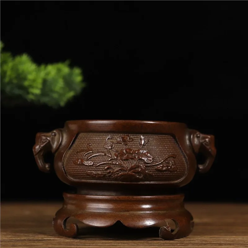 Exquisite Suzhou-style brass elephant ear incense burner with engraved base, antique copperware, decorative piece for home, stud