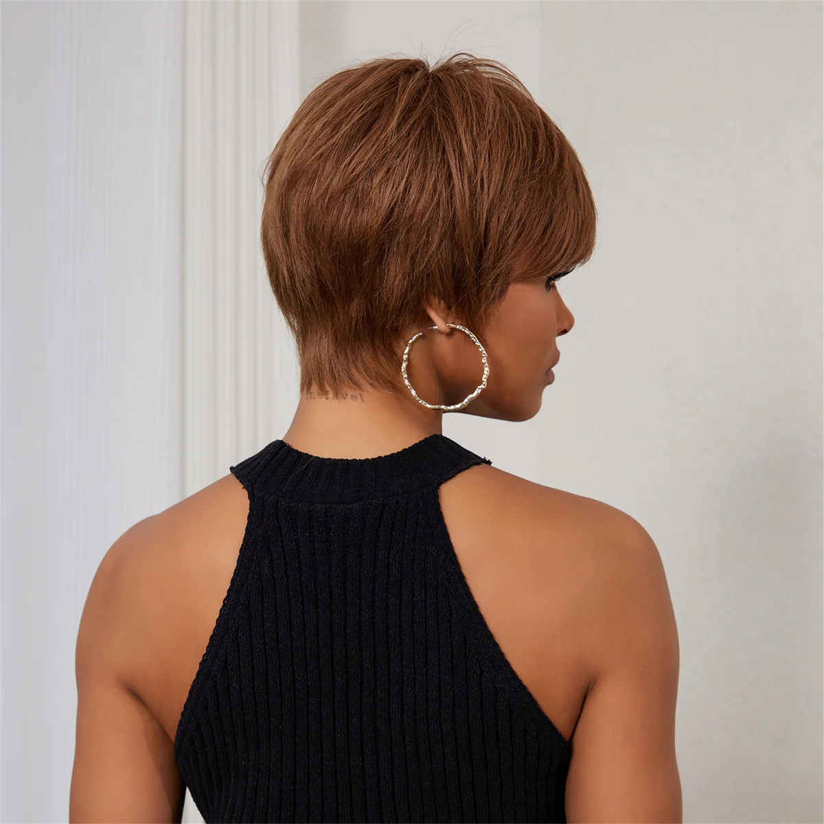 Perucas de cabelo humano remy marrom escuro com Franja para Mulheres Negras, Pixie Cut, Afro, Brasileiro, Machine Made, Glueless, peruca barata